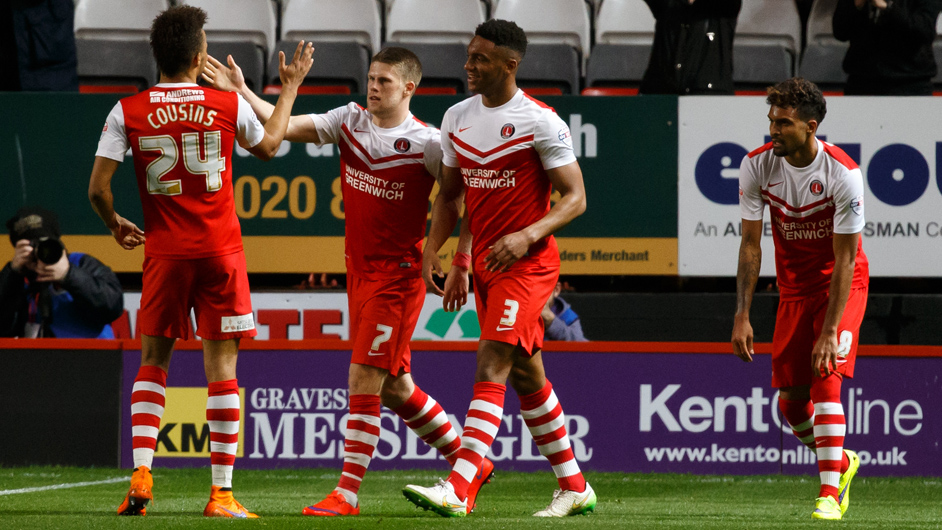 Johann Guodmundson of Charlton Athletic celebrates scoring a goal after making it 1-1