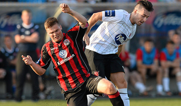 12 July 2013; Conor Murphy, Bohemians, in action against Richie Towell, Dundalk. Airtricity League Premier Division, Dundalk v Bohemians, Oriel Park, Dundalk, Co. Louth. Picture credit: David Maher / SPORTSFILE