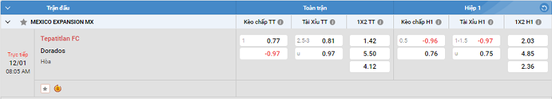 Tip kèo Châu Á full trận Tepatitlan FC vs Dorados 