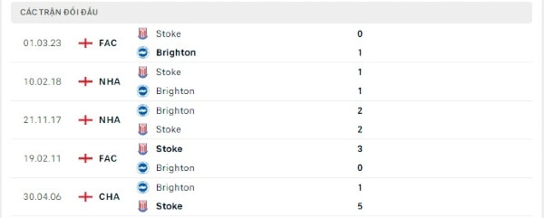 Thành tích thi đấu gần đây của Stoke City vs Brighton