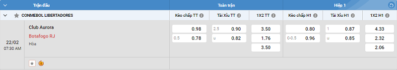 Tip kèo Châu Á full trận Club Aurora vs Botafogo RJ 