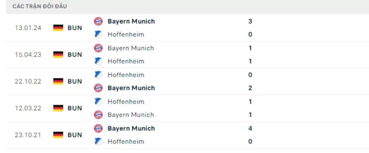 Thành tích thi đấu gần đây của Hoffenheim vs Bayern Munchen