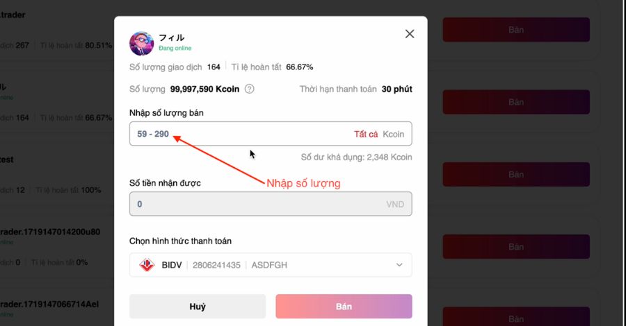 Nhập số lượng Kcoin muốn bán