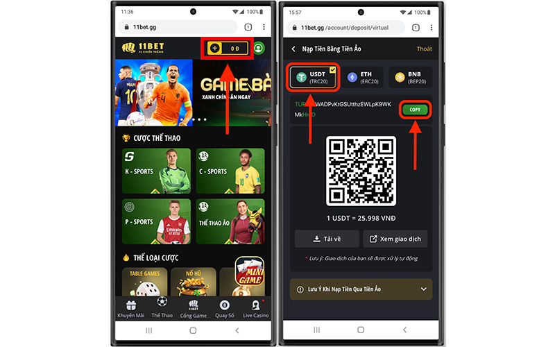Hướng dẫn nạp USDT vào 11BET từ sàn tiền ảo Binance