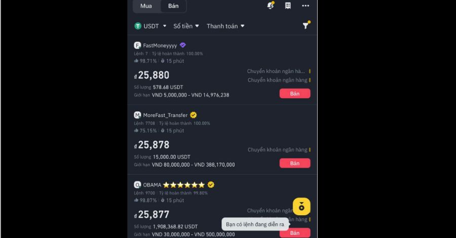 Chọn Tab Bán và nhấn vào USDT