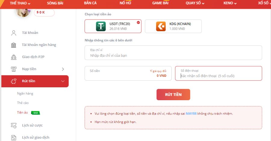 Form rút tiền May88 bằng phương thức tiền ảo