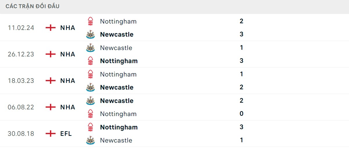 Thống kê lịch sử đối đầu giữa Nottingham Forest vs Newcastle