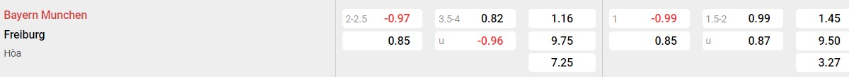 Bảng tỉ lệ kèo Bayern Munich vs Freiburg: