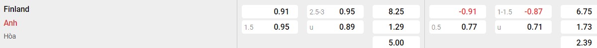 Bảng tỉ lệ kèo Phần Lan vs Anh: