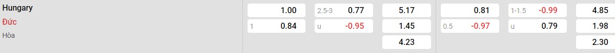 Bảng tỉ lệ kèo Hungary vs Đức