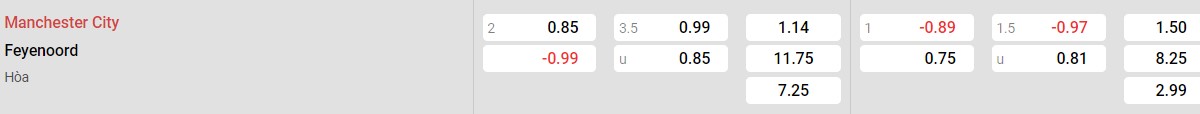 Bảng tỉ lệ kèo Man City vs Feyenoord