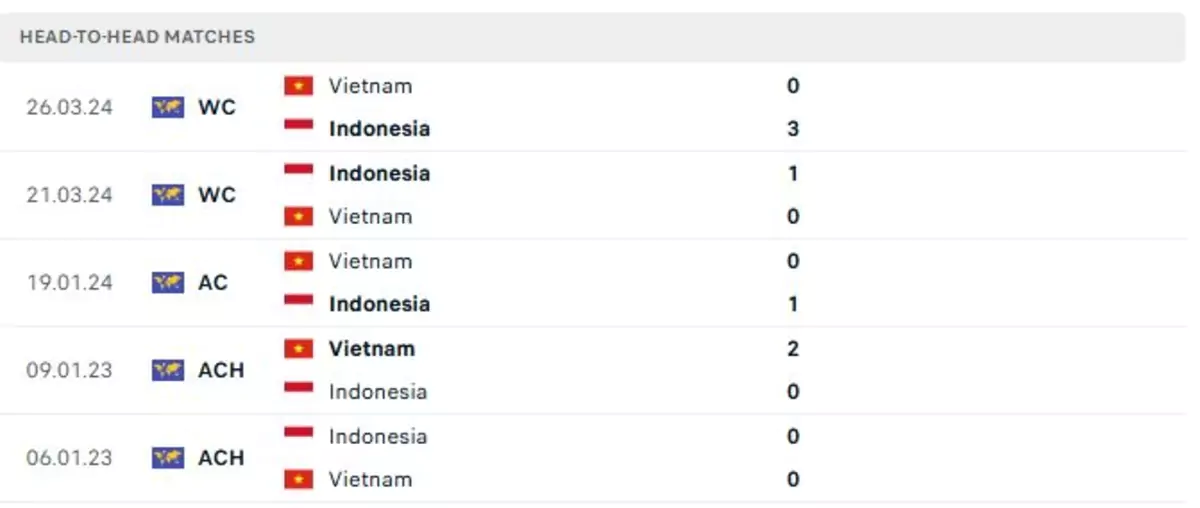 Thành tích thi đấu gần đây của Việt Nam vs Indonesia