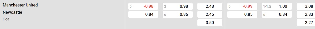 Bảng tỉ lệ kèo Man United vs Newcastle