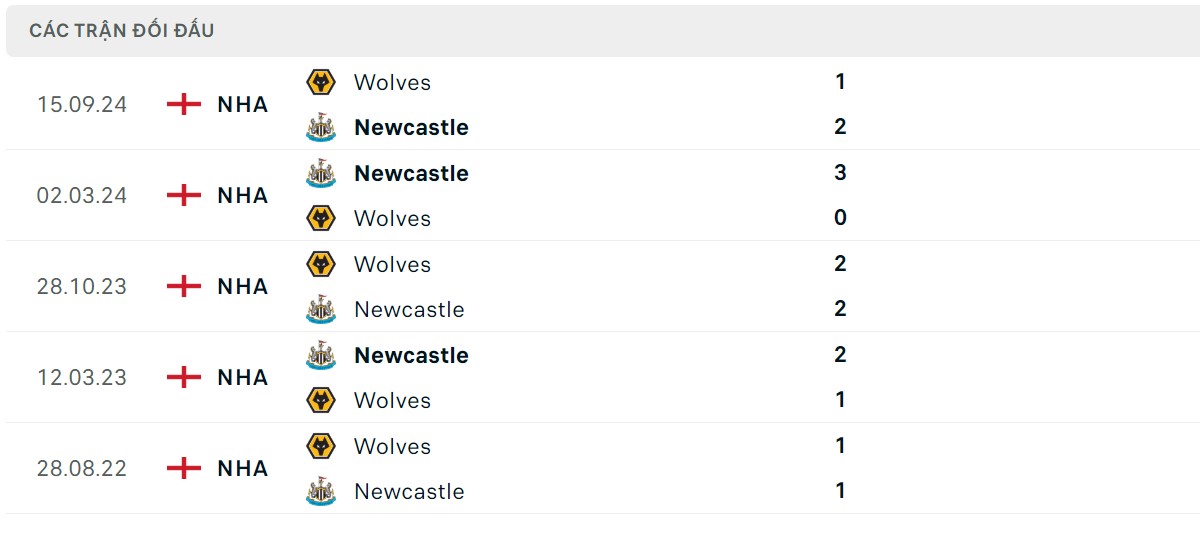 Thống kê lịch sử đối đầu giữa Newcastle vs Wolverhampton