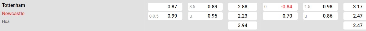 Bảng tỉ lệ kèo Tottenham vs Newcastle