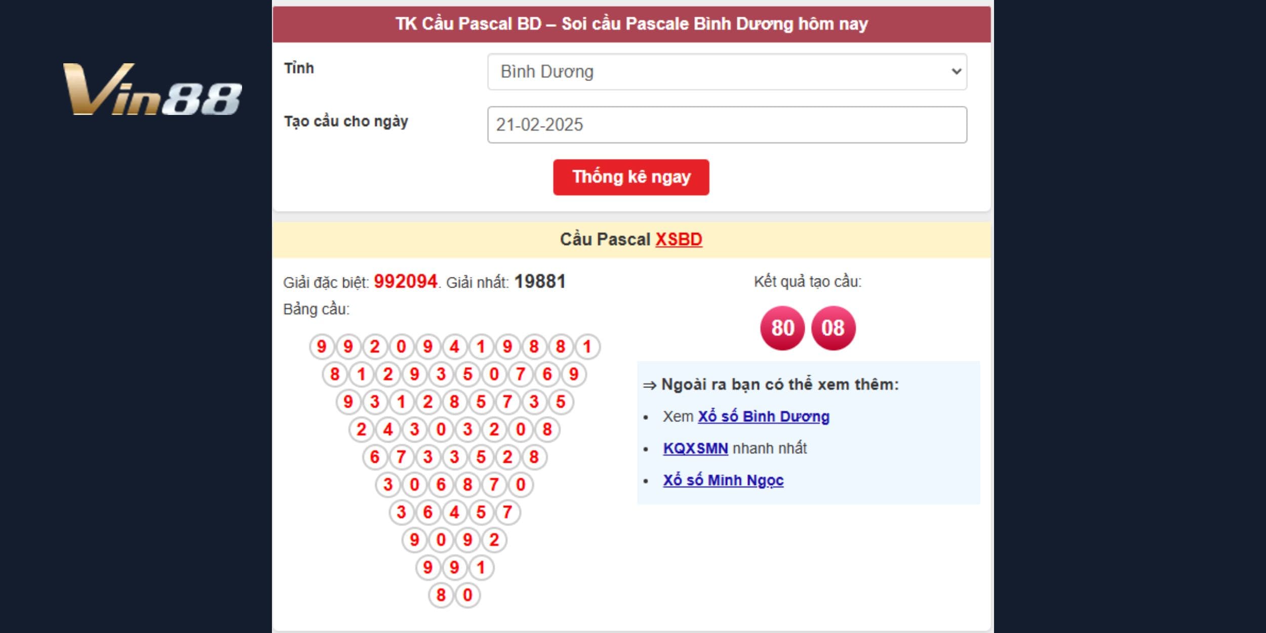 Bảng cầu Pascal xổ số Bình Dương ngày 21/02/2025