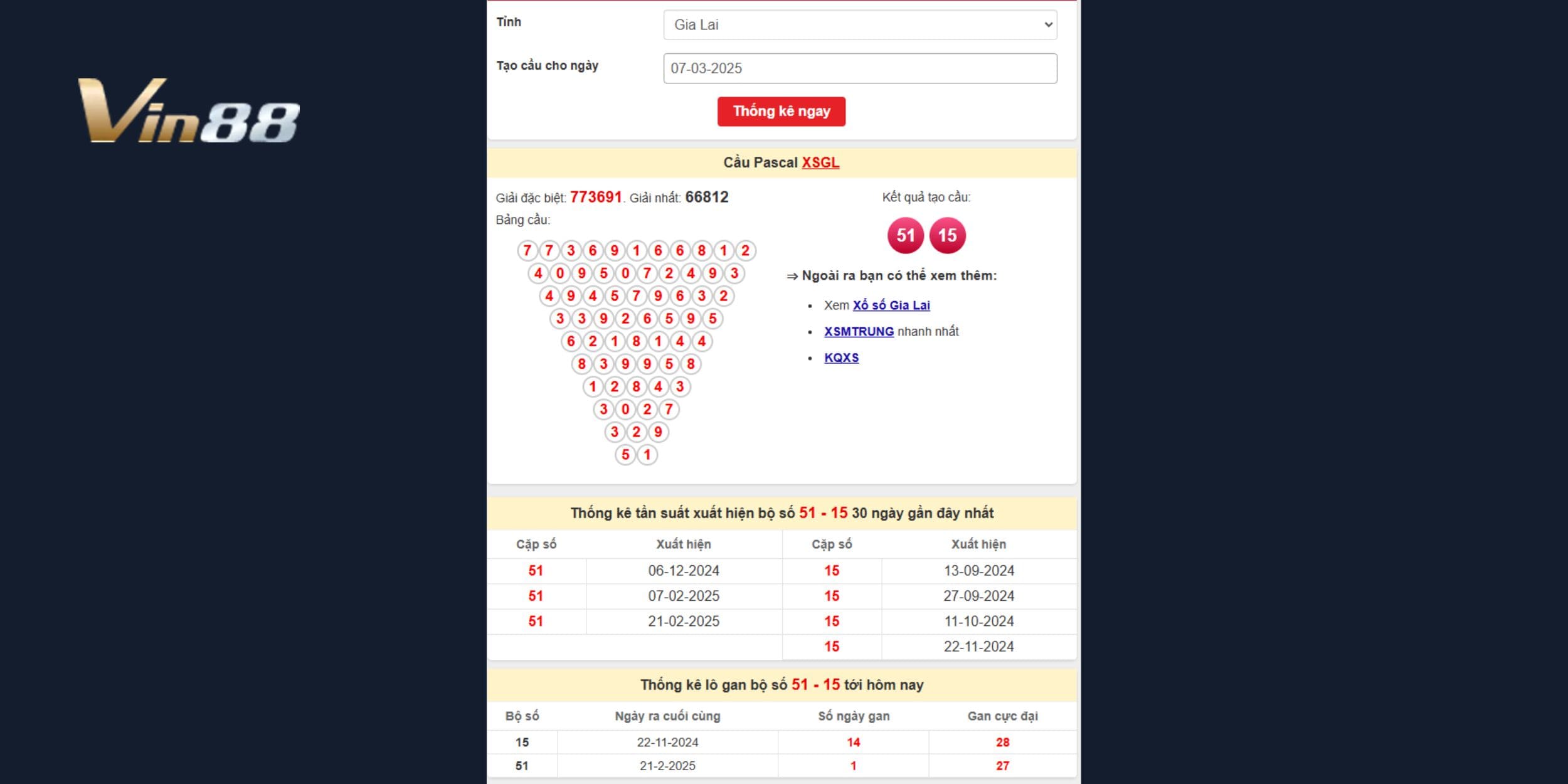 Bảng kết quả cầu Pascal xổ số Gia Lai ngày 07/03/2025