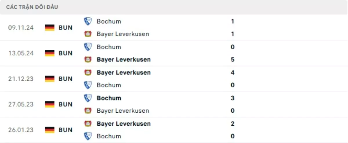 Thành tích thi đấu gần đây của Bayer Leverkusen vs Bochum