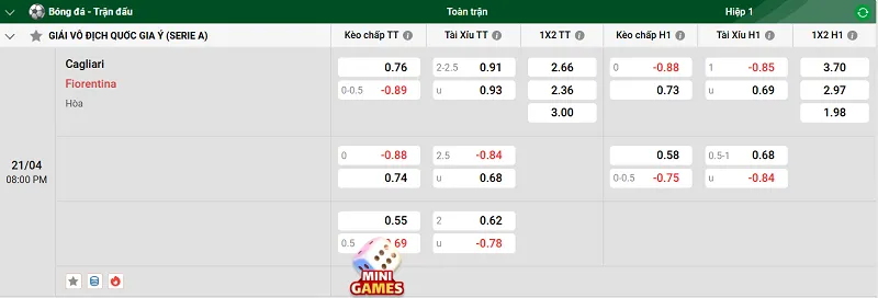 Tip kèo bóng đá trận Cagliari vs Fiorentina uk88