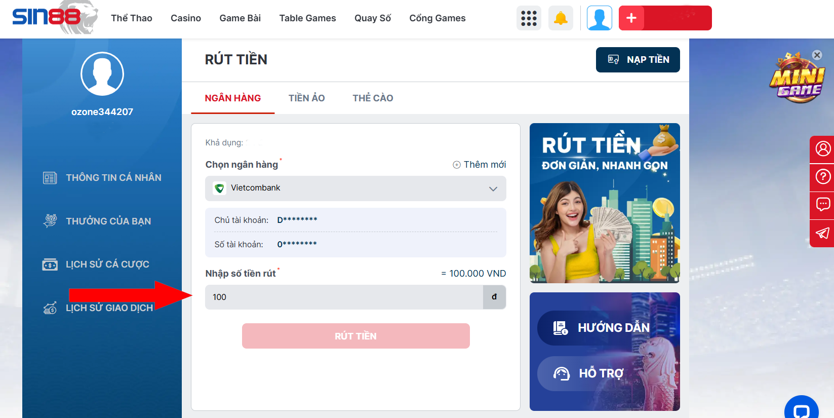 Nhập số tiền muốn rút.