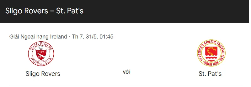 Tip kèo bóng đá trận Sligo Rovers vs St Patrick's Athletic uk88