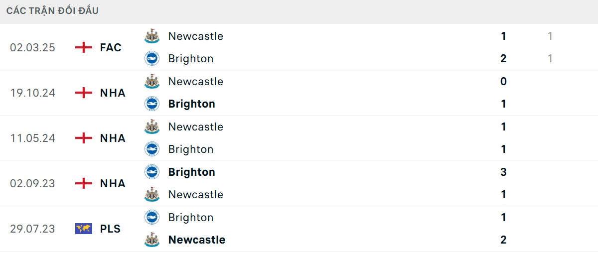 Thống kê lịch sử đối đầu giữa Brighton vs Newcastle