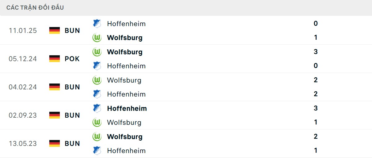 Thống kê lịch sử đối đầu giữa Wolfsburg vs Hoffenheim