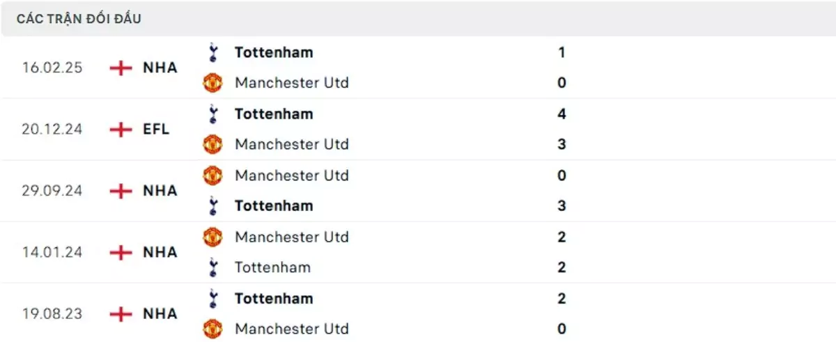Thành tích thi đấu gần đây của Tottenham vs Man United