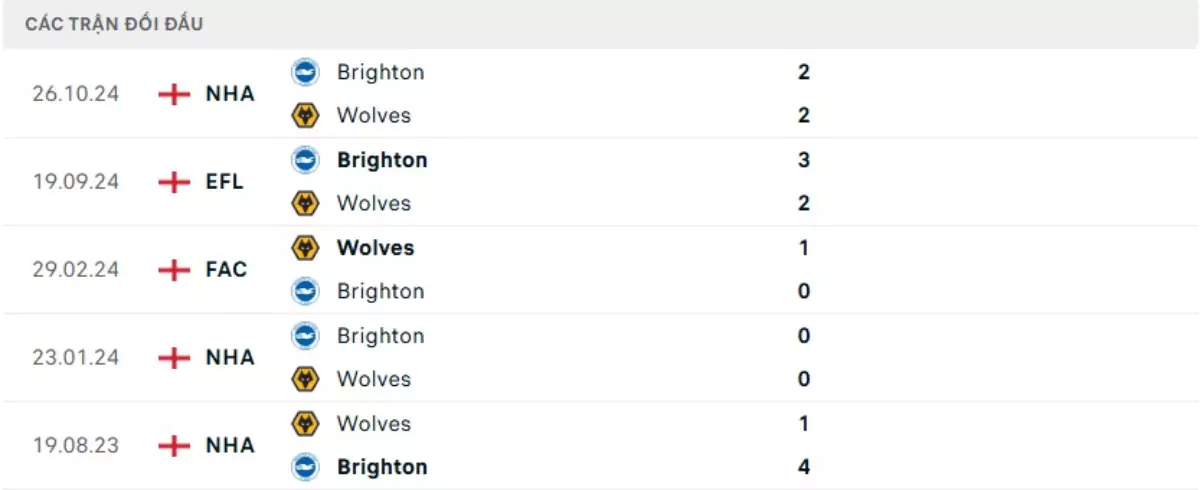 Thành tích thi đấu gần đây của Wolves vs Brighton