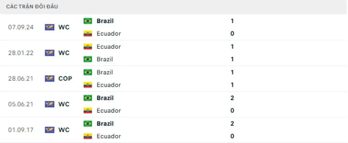 Thành tích thi đấu gần đây của Ecuador vs Brazil