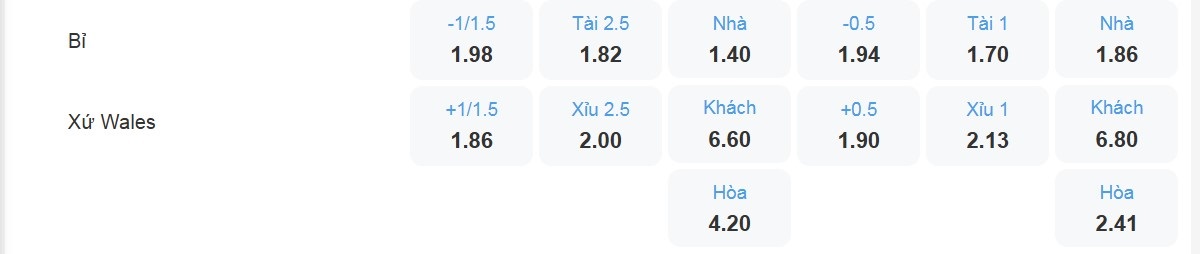 Bảng tỉ lệ kèo Bỉ vs Xứ Wales