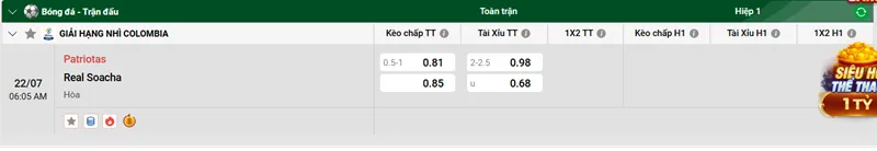 Tip kèo trận đấu Patriotas FC vs Real Soacha uk88