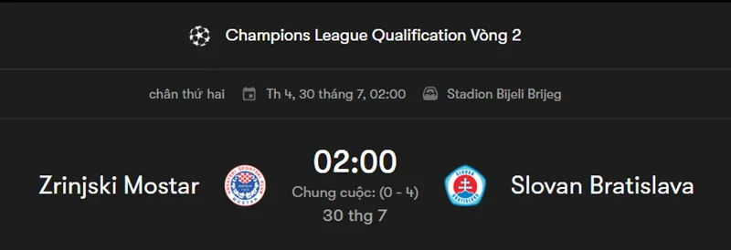 Tips soi kèo trận Zrinjski Mostar vs Slovan Bratislava uk88