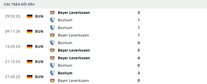 Thành tích thi đấu gần đây của Bochum vs Leverkusen