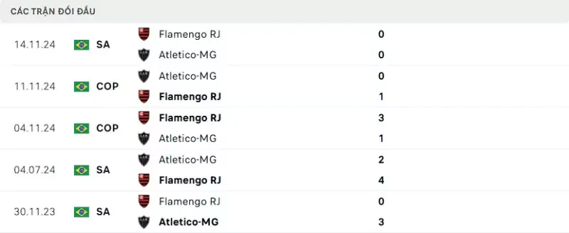 Thành tích thi đấu gần đây của Flamengo vs Atletico MG