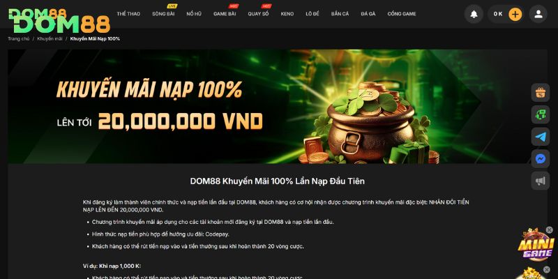 Ưu đãi 100% giá trị nạp lần đầu cho tân binh DOM88