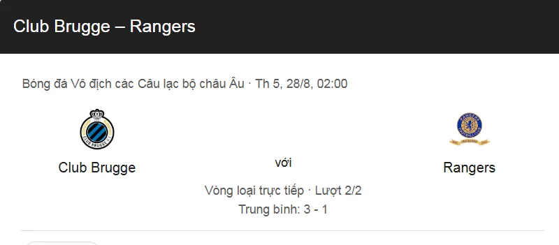 Tip nhận định trận đấu Club Brugge vs Rangers uk88