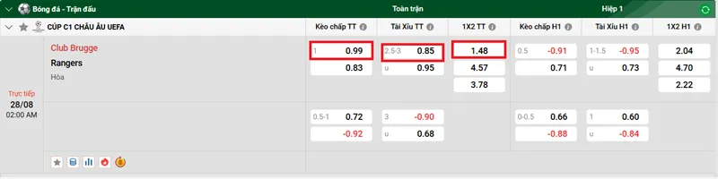 Tip nhận định trận đấu Club Brugge vs Rangers uk88