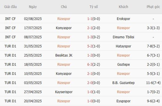 Phong độ của Rizespor