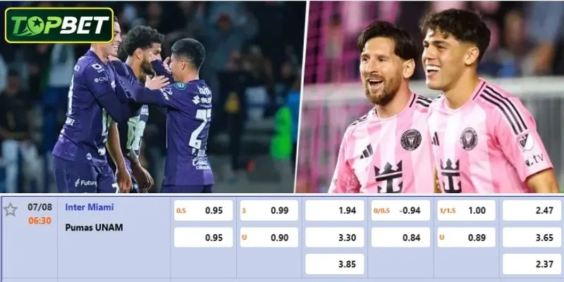 Tỷ lệ kèo chi tiết cho trận đấu Inter Miami CF Vs Pumas UNAM 