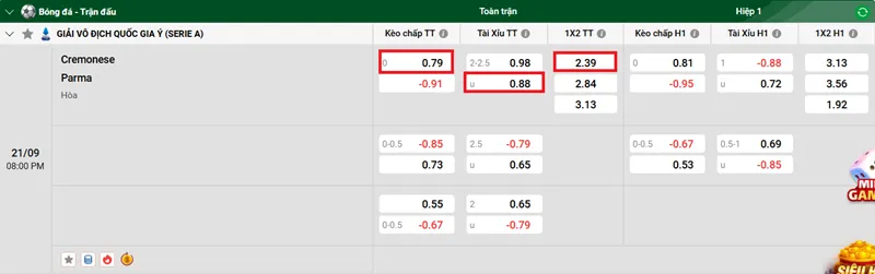 TIp kèo chi tiết trận đấu Cremonese vs Parma uk88