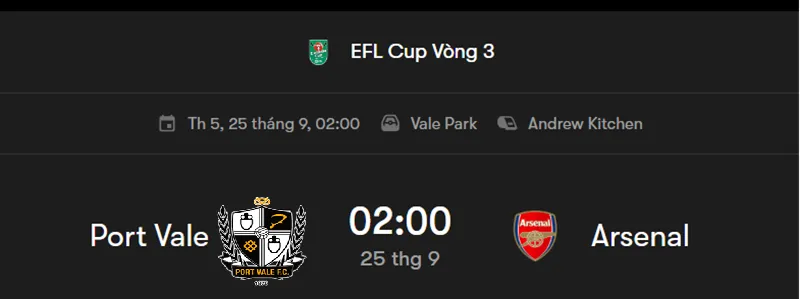 Tip kèo bóng đá trận đấu giữa Port Vale vs Arsenal uk88