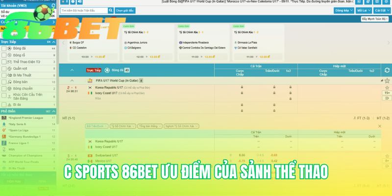Sảnh C-Sports cung cấp tỷ lệ kèo cạnh tranh vượt trội
