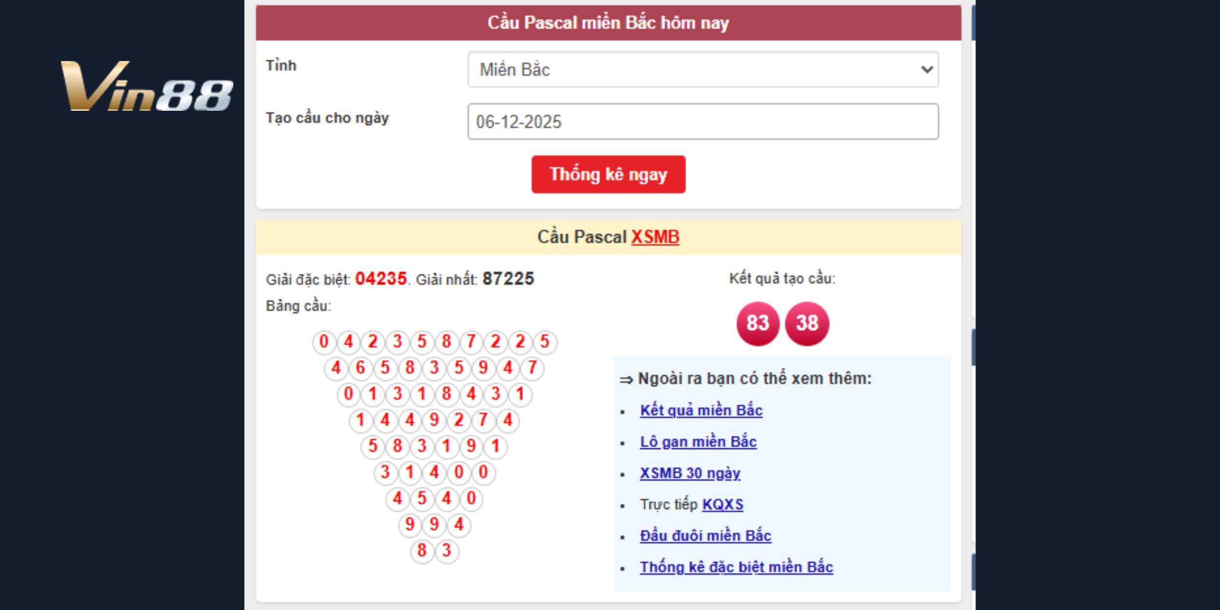 Bảng cầu Pascal miền Bắc tạo cho ngày 06/12/2025