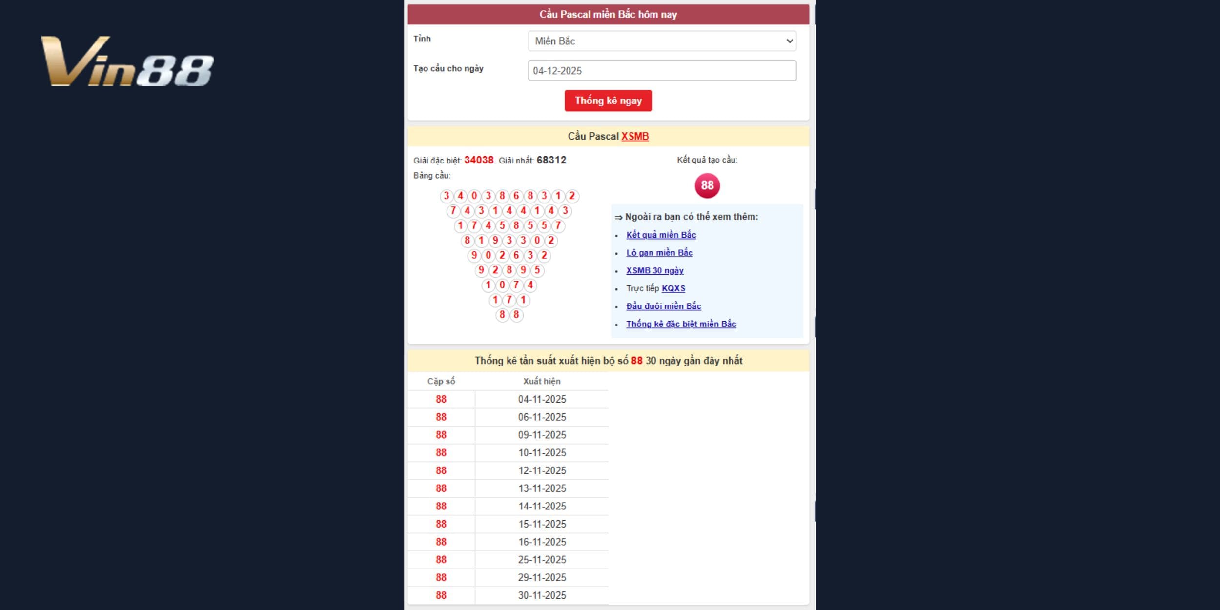 Biểu đồ Pascal Miền Bắc 04/12/2025 với tâm cầu 88