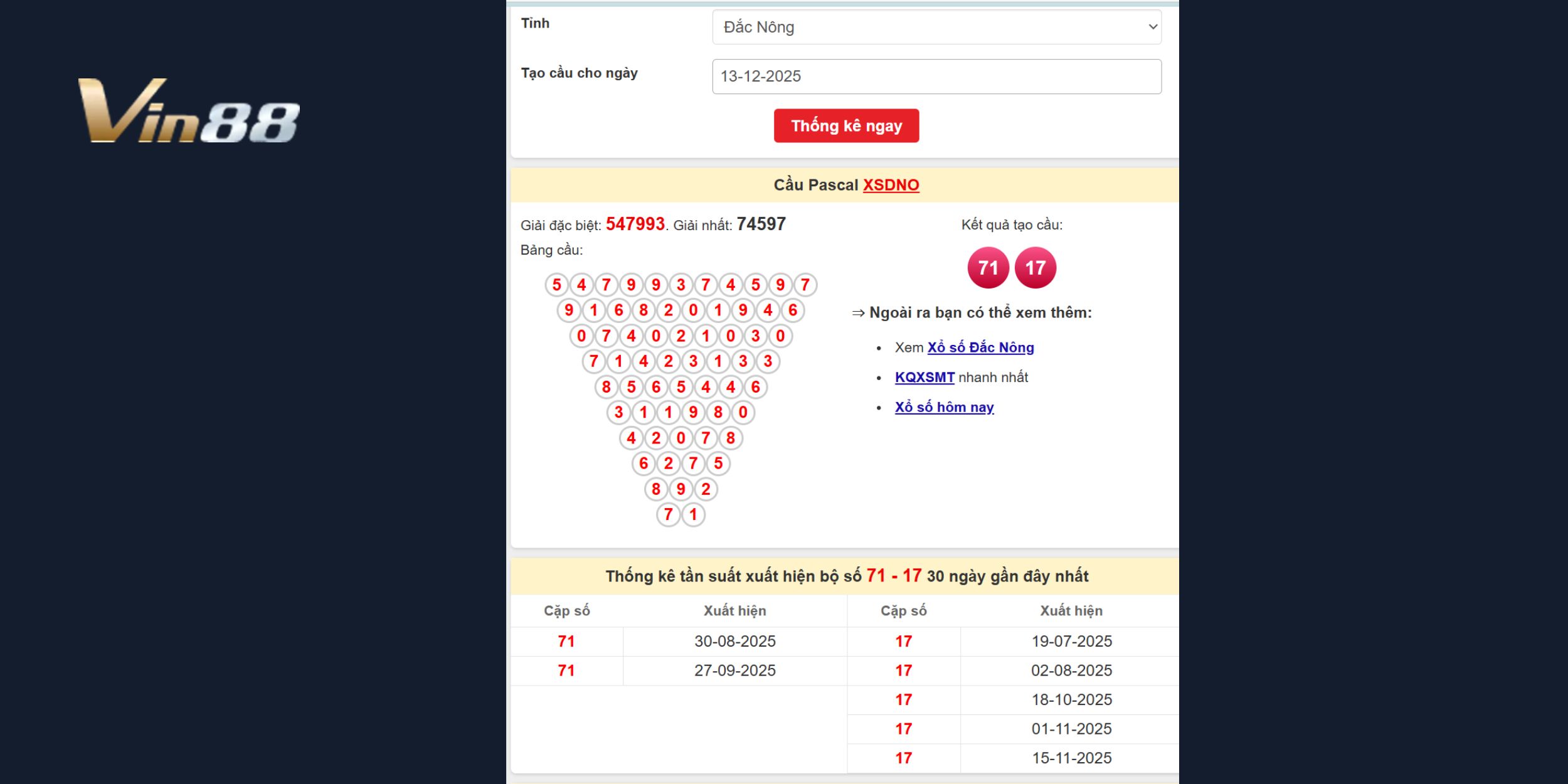Soi cầu Pascal - Cặp số tiềm năng cho đài Đắc Nông ngày 13/12/2025