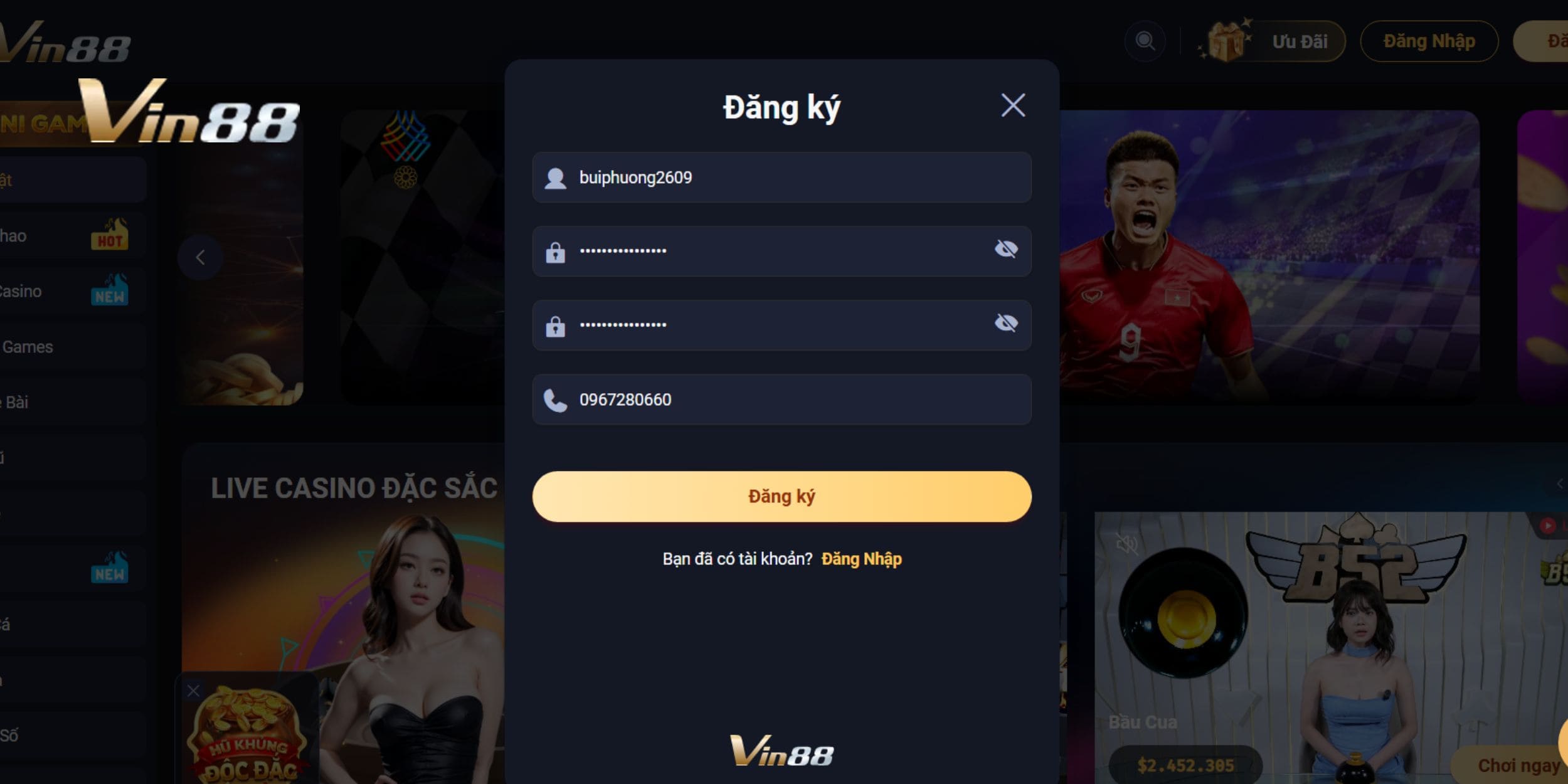 Điền thông tin đăng ký Vin88