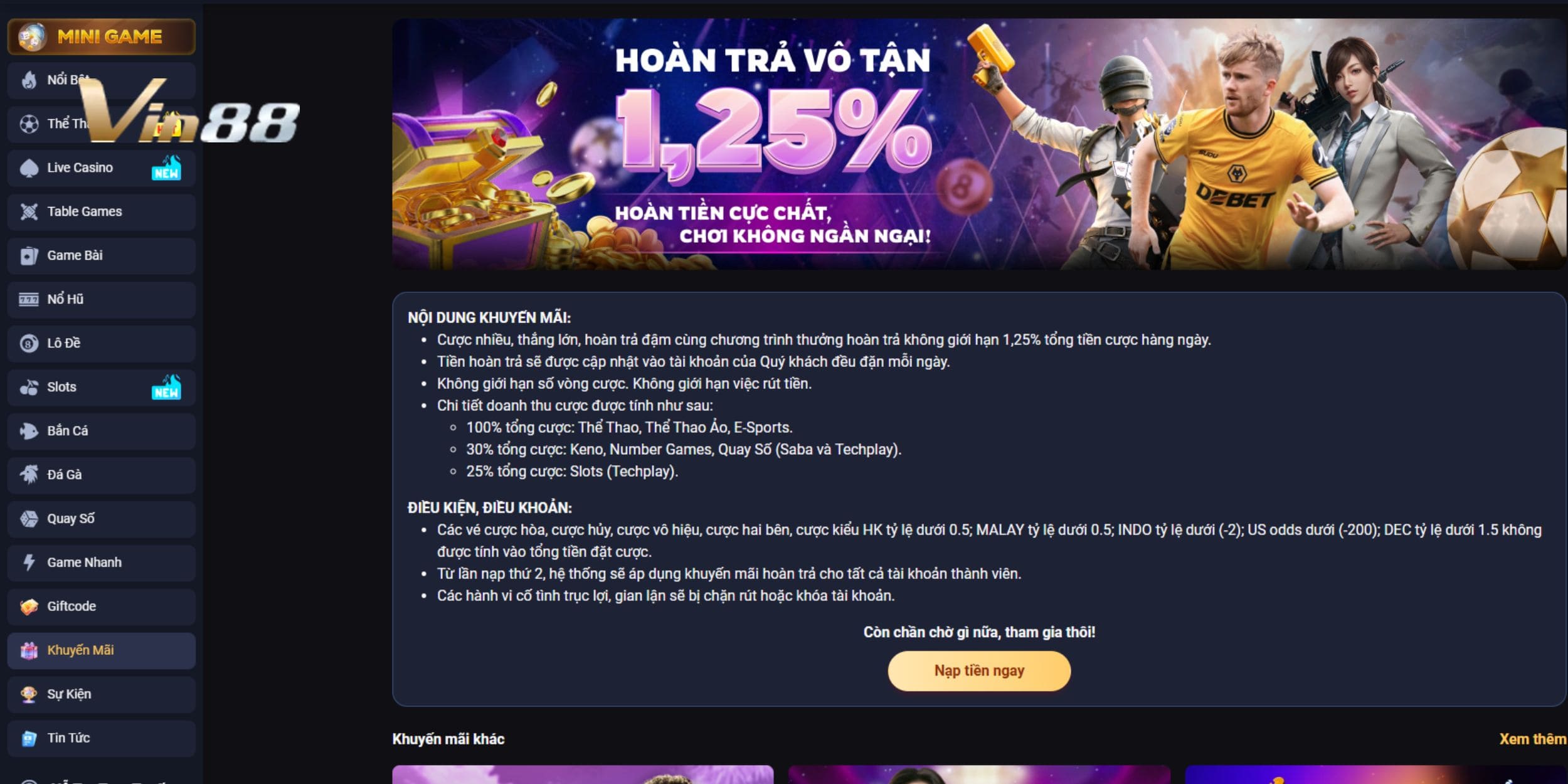 Vin88 hoàn lại 1,25% tiền liên tục