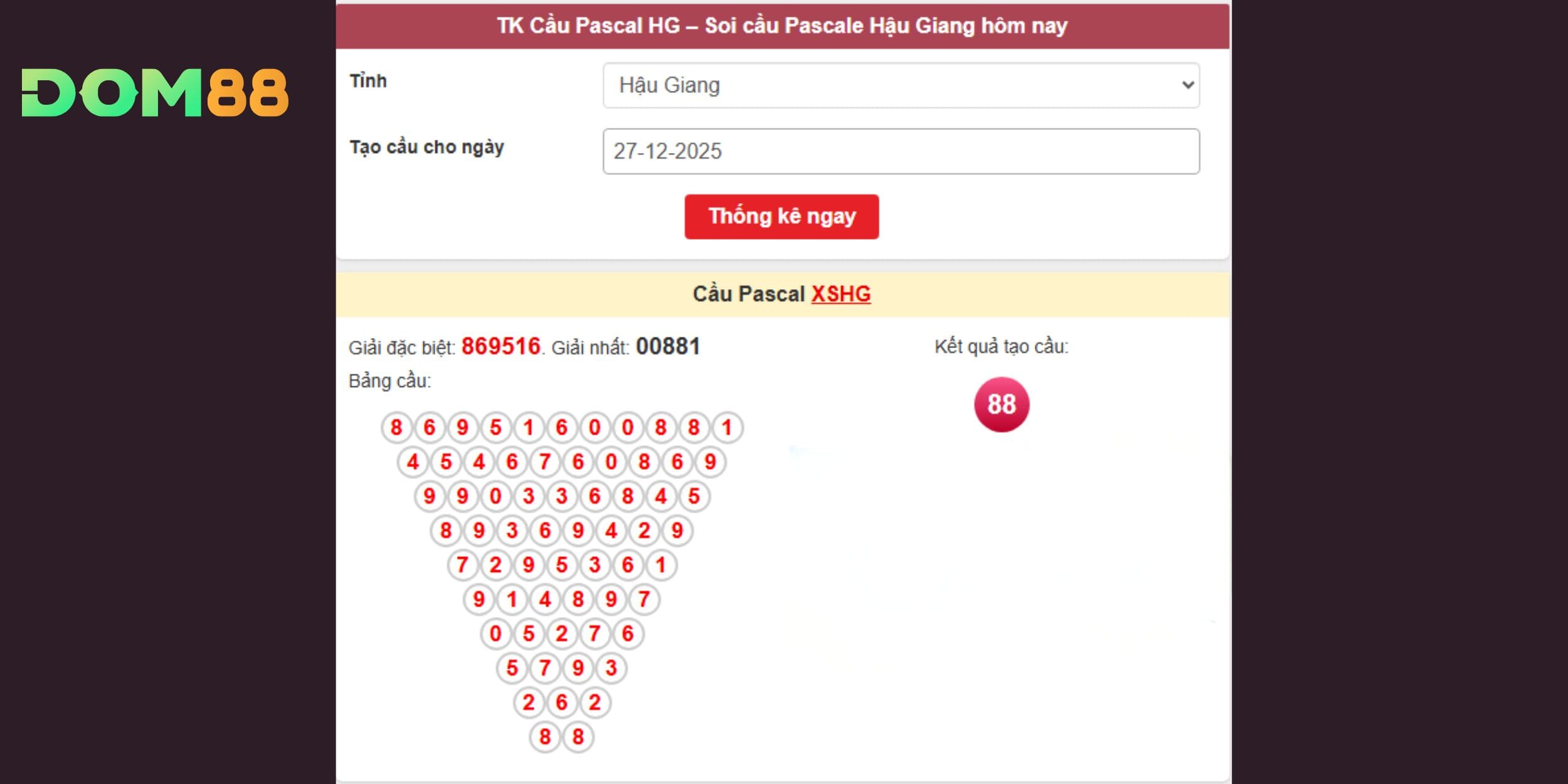Xu hướng Pascal ngày 27-12 theo đài Hậu Giang