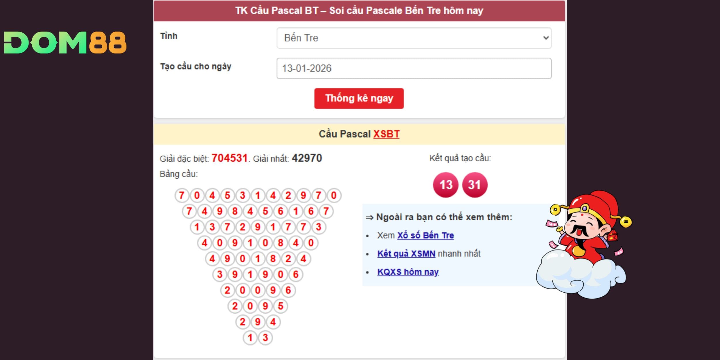 Dự đoán xổ số miền Nam 13-01 dựa trên cầu Pascal đài Bến Tre